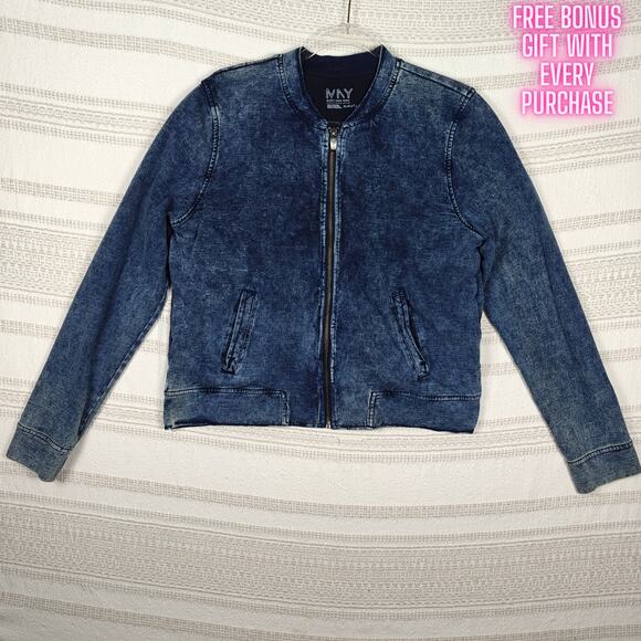 Marc New York Blue Denim Jacket Bomber Style Lined Zip Front Size XL - Picture 1 of 9